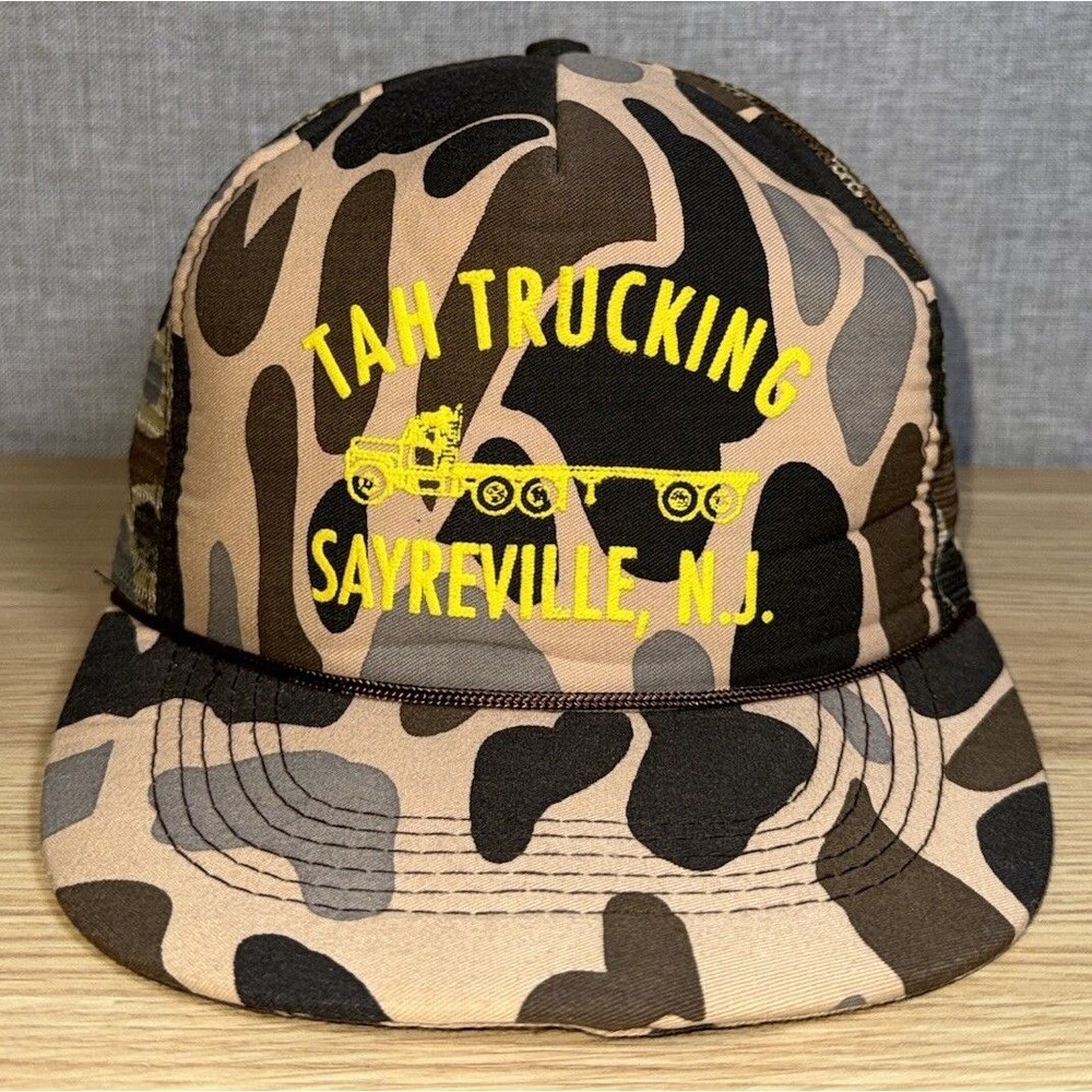 Vtg 80s Tan Trucking NJ Camo Trucker Hat Capital Caps Hard To Find Roper Cap